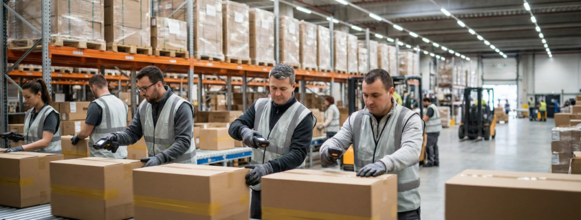 Warehouse dock with conveyor belts and pallets