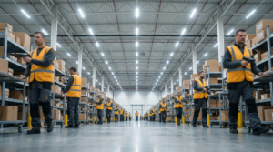 Warehouse interior with workers picking products