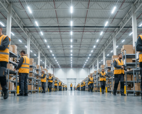Warehouse interior with workers picking products