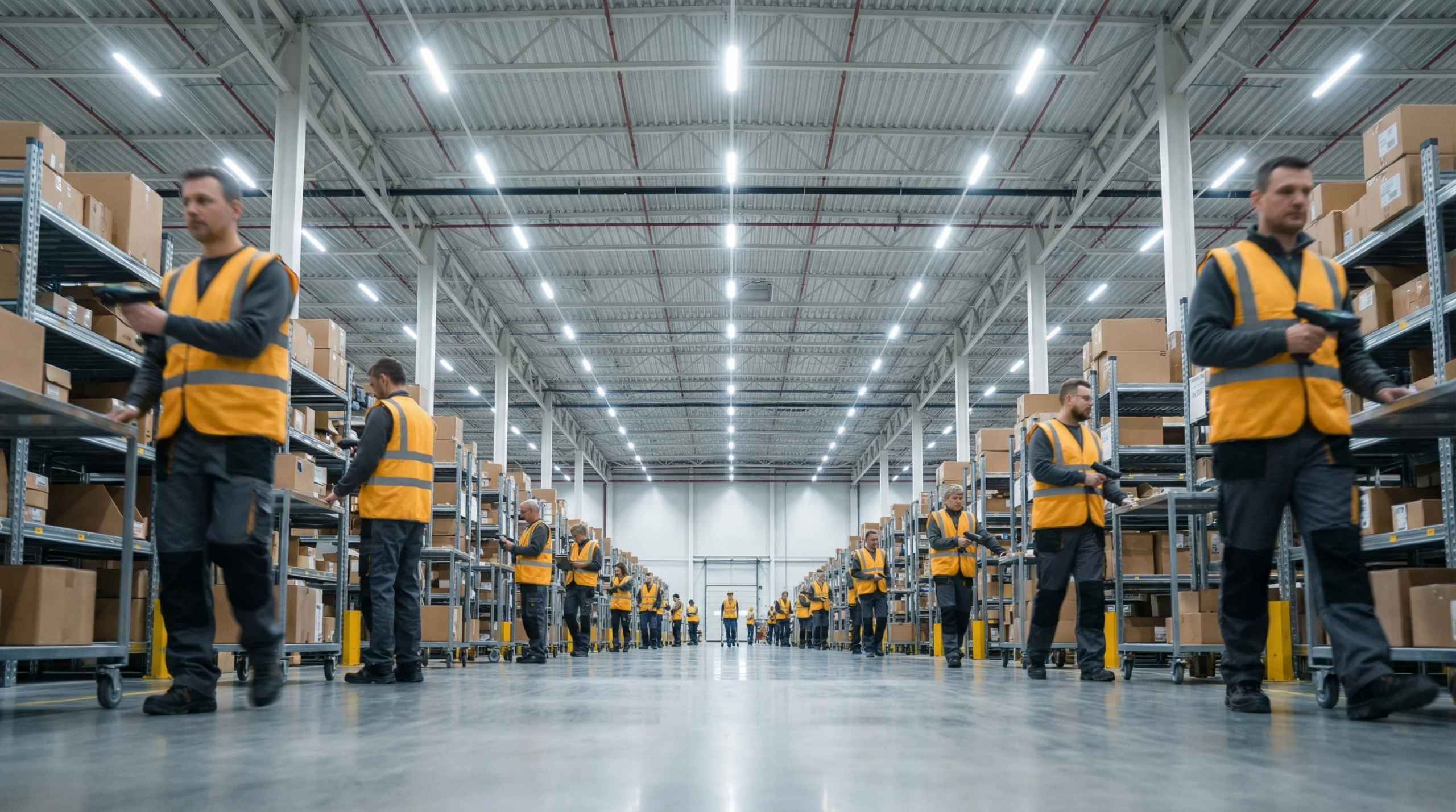 Warehouse interior with workers picking products