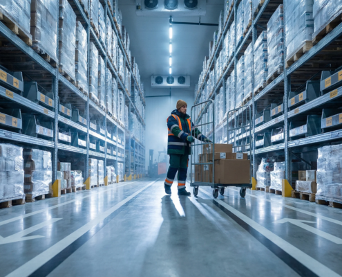 Cold storage warehouse aisle with shelving.