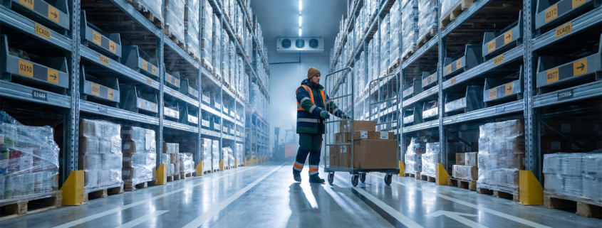 Cold storage warehouse aisle with shelving.