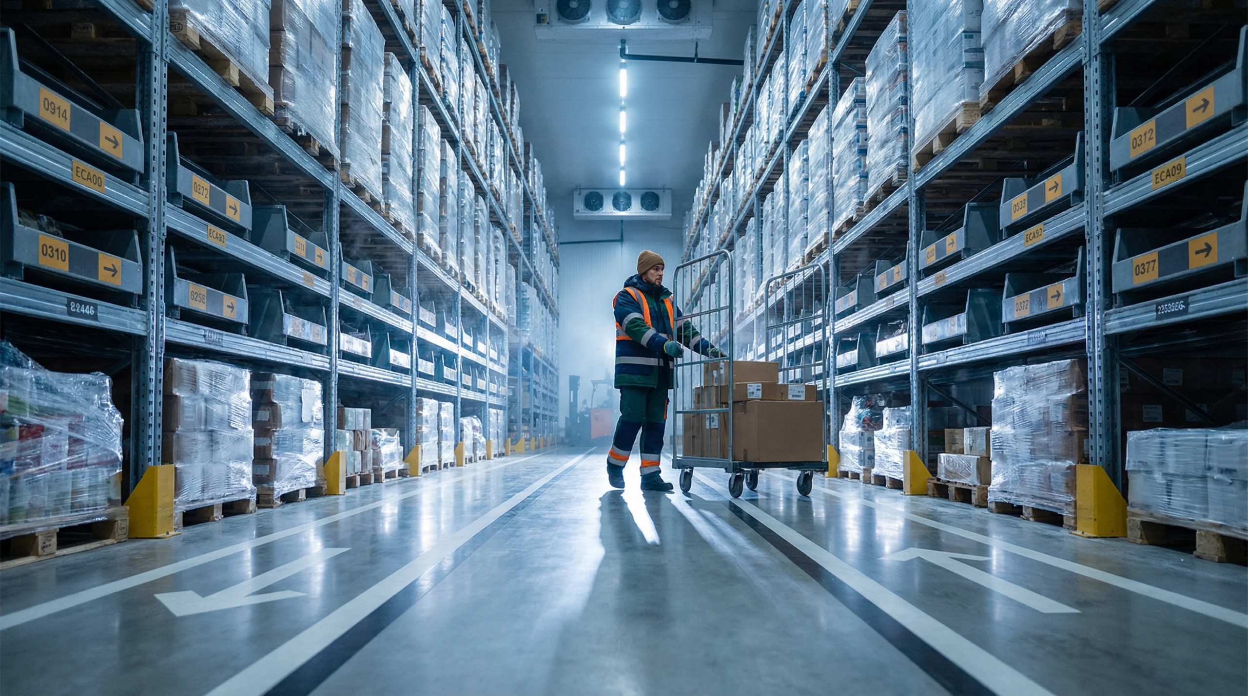 Cold storage warehouse aisle with shelving.