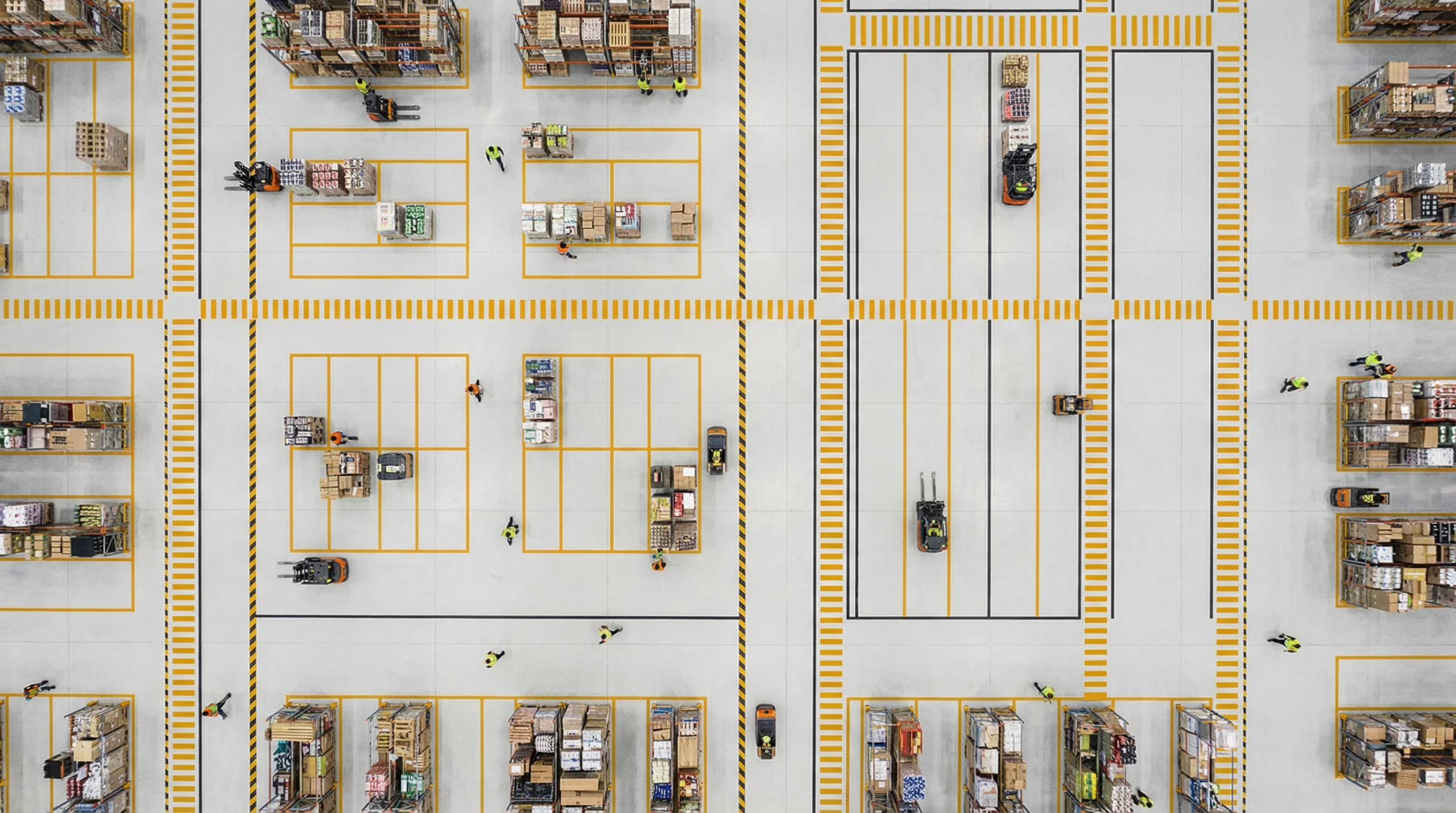 Aerial view of organized warehouse floor