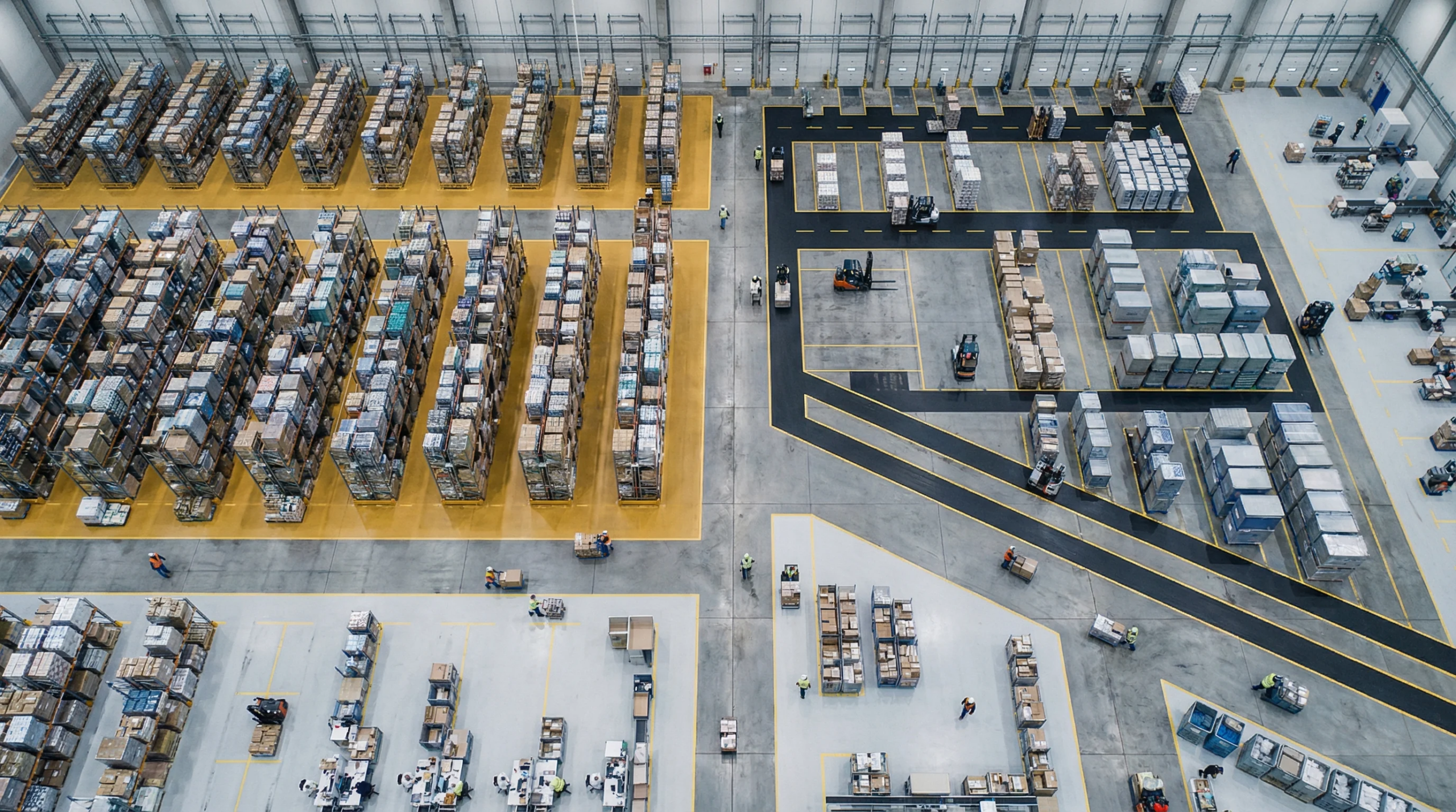 Aerial view of organized warehouse floor.