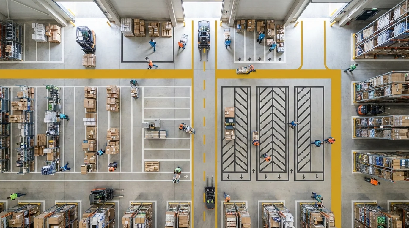 Aerial view of organized warehouse floor