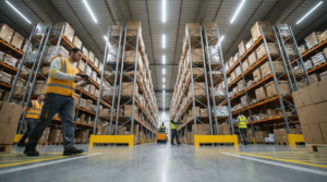 Warehouse with workers and shelves, food safety