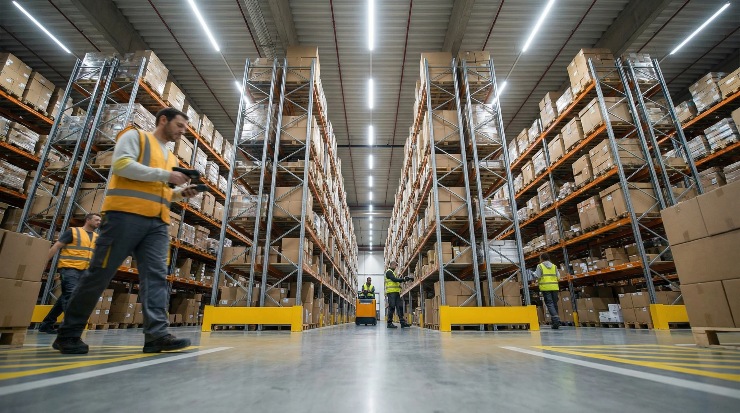Warehouse with workers and shelves, food safety