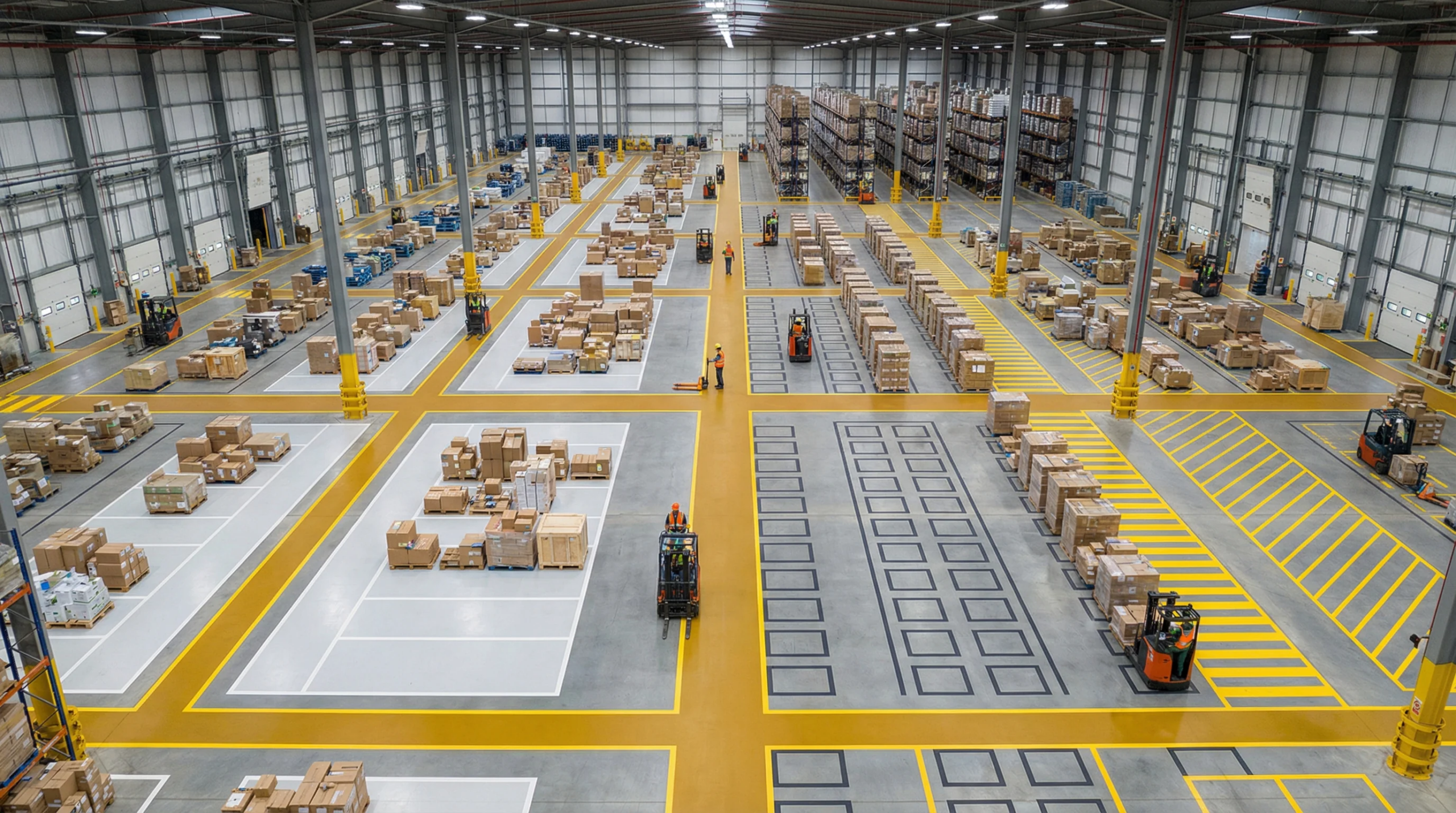 Aerial view of organized warehouse floor