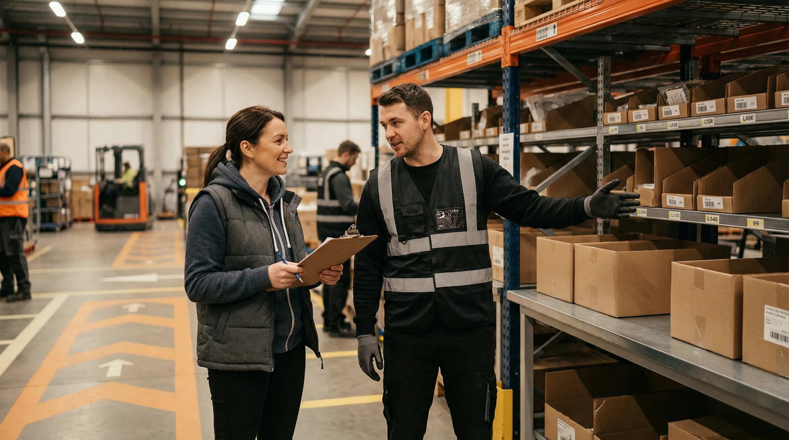 Warehouse supervisor talks with worker.