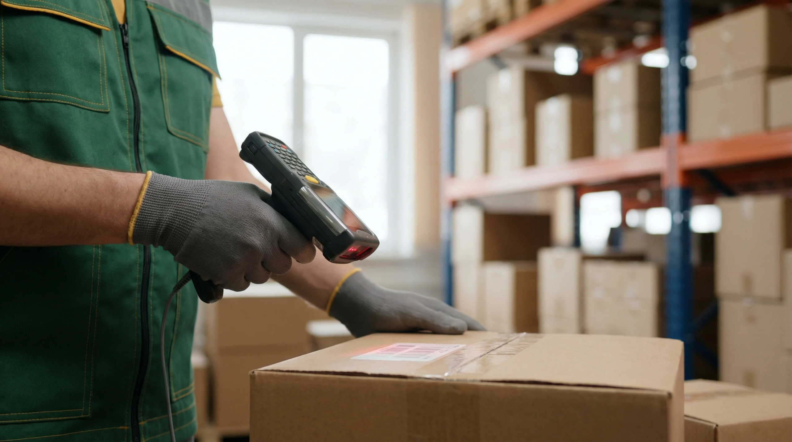 Warehouse worker scanning barcode on package