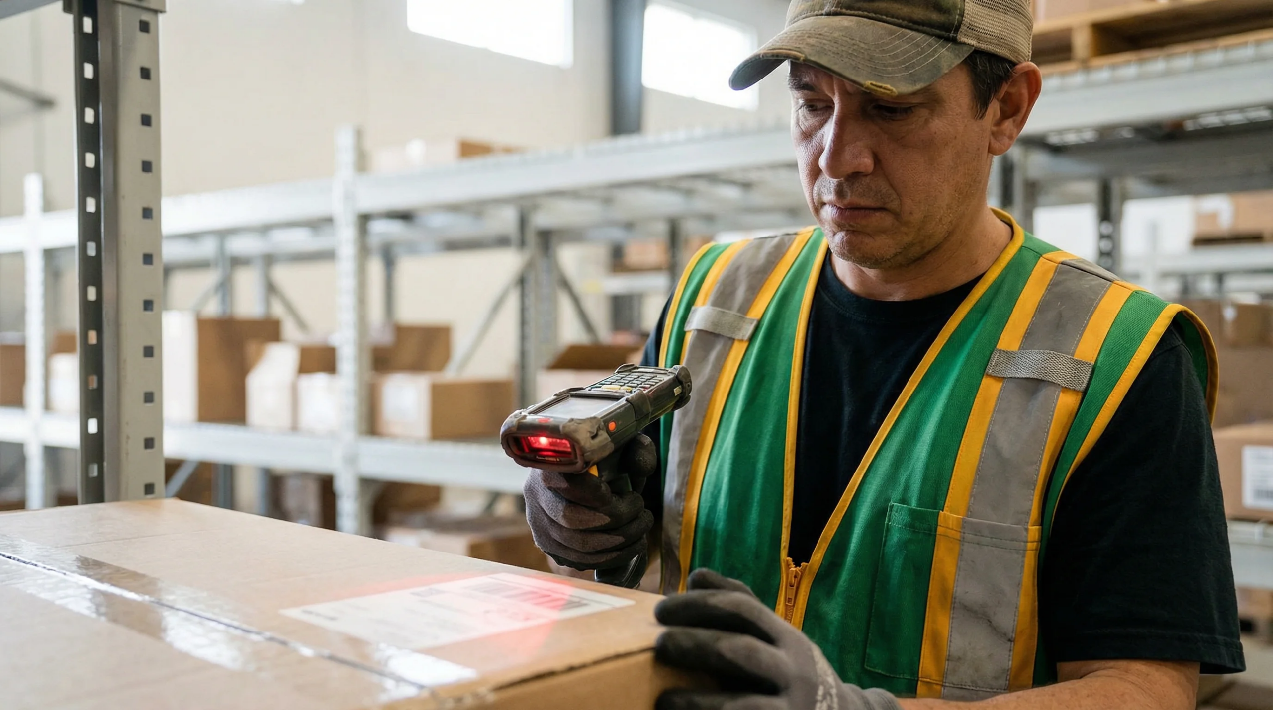 Warehouse worker scanning barcode on package