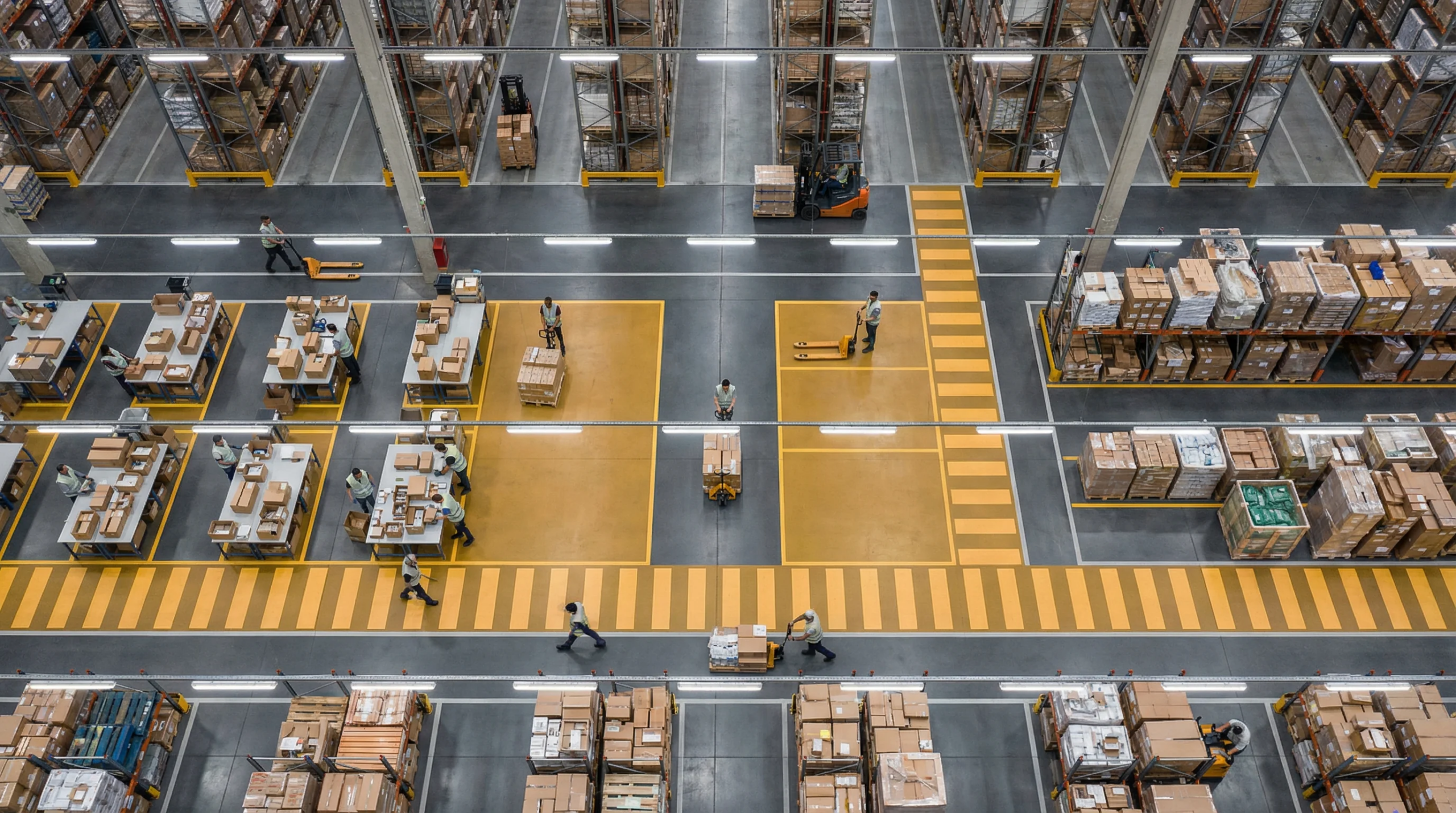 Aerial view of organized warehouse floor