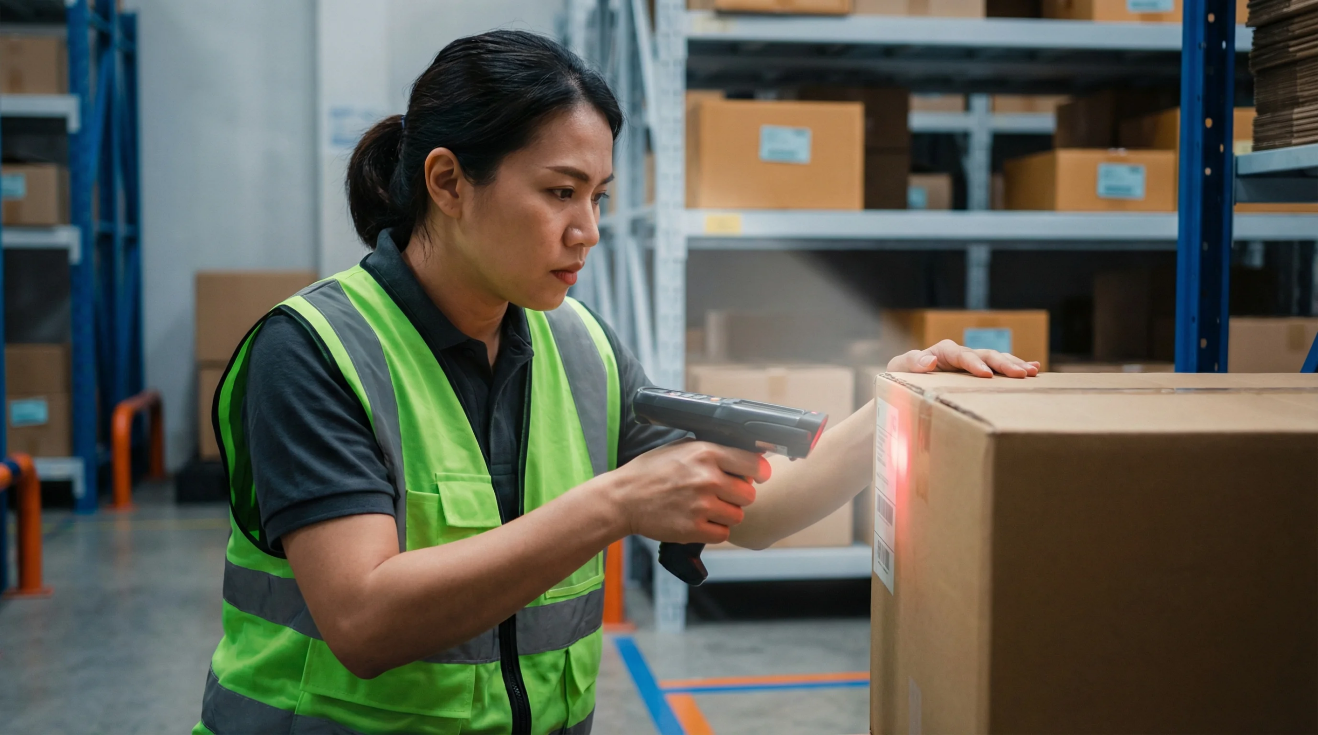 Warehouse worker scanning barcode on package
