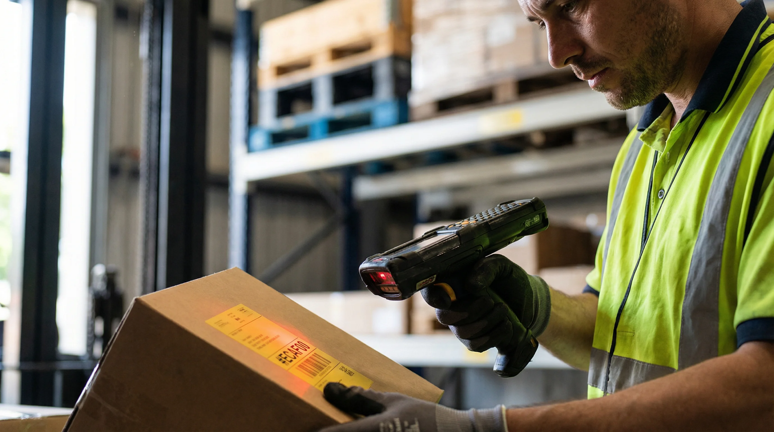 Warehouse worker scanning barcode on package