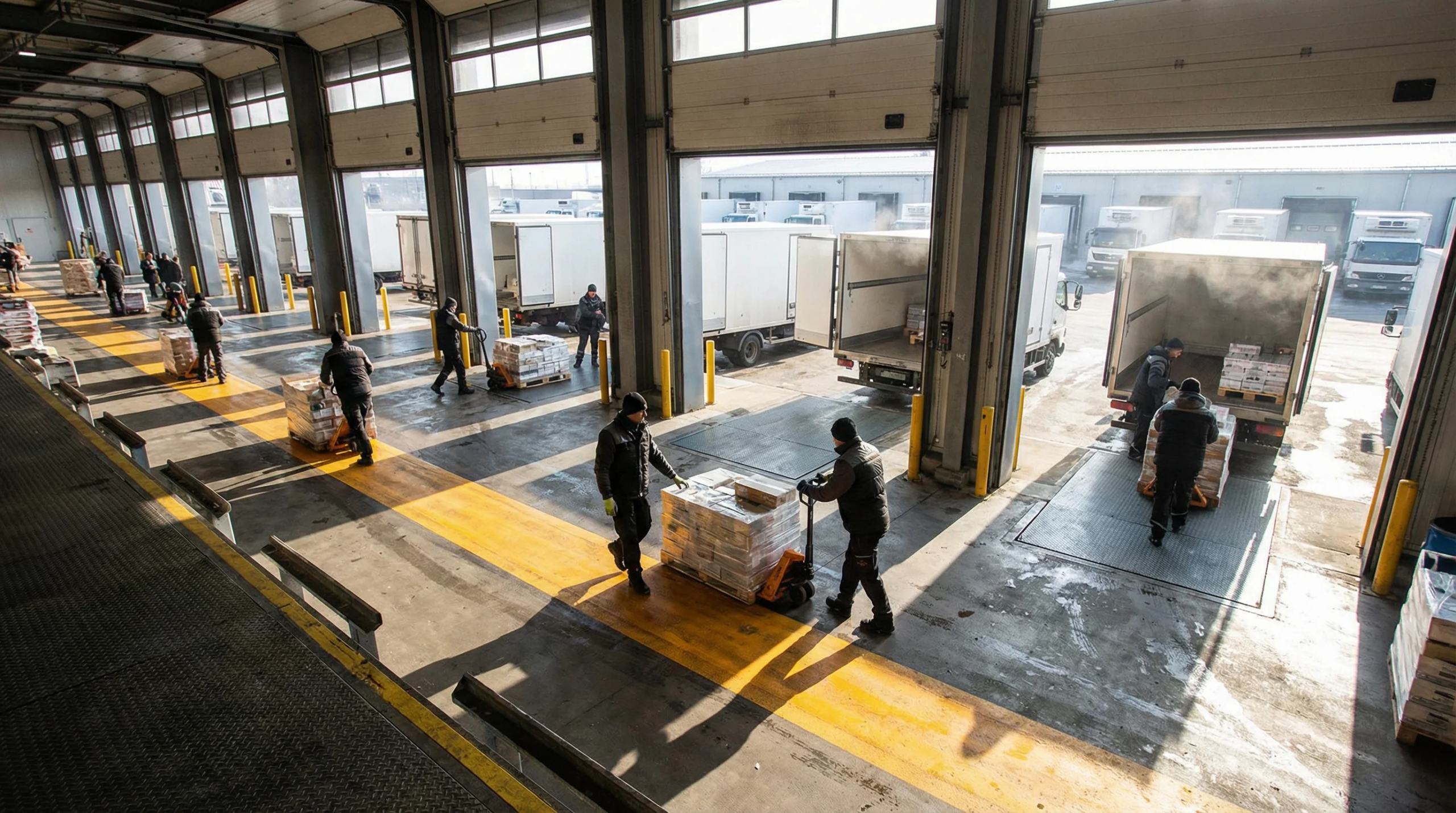 Loading dock with trucks and workers.