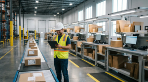 Warehouse worker reviewing fulfillment checklist on tablet near conveyor belt