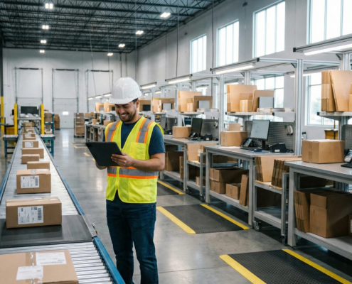 Warehouse worker reviewing fulfillment checklist on tablet near conveyor belt