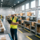 Warehouse worker reviewing fulfillment checklist on tablet near conveyor belt