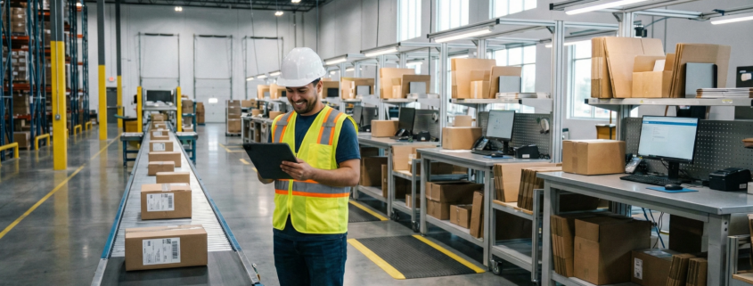 Warehouse worker reviewing fulfillment checklist on tablet near conveyor belt