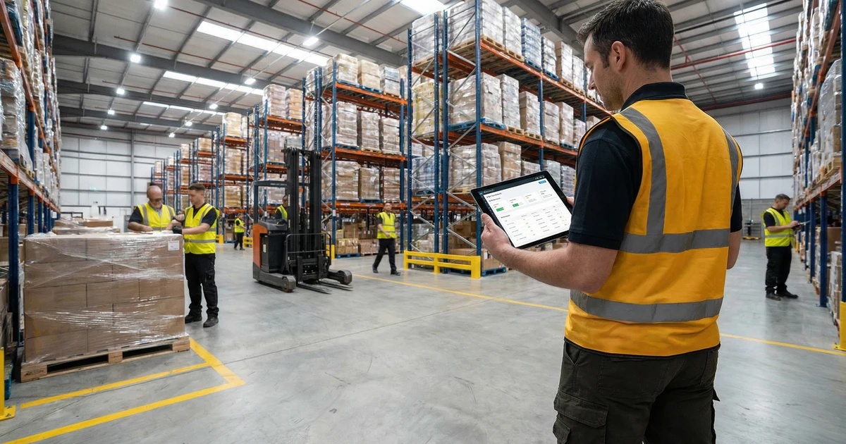 warehouse worker looking at Cadence Anywhere on a tablet