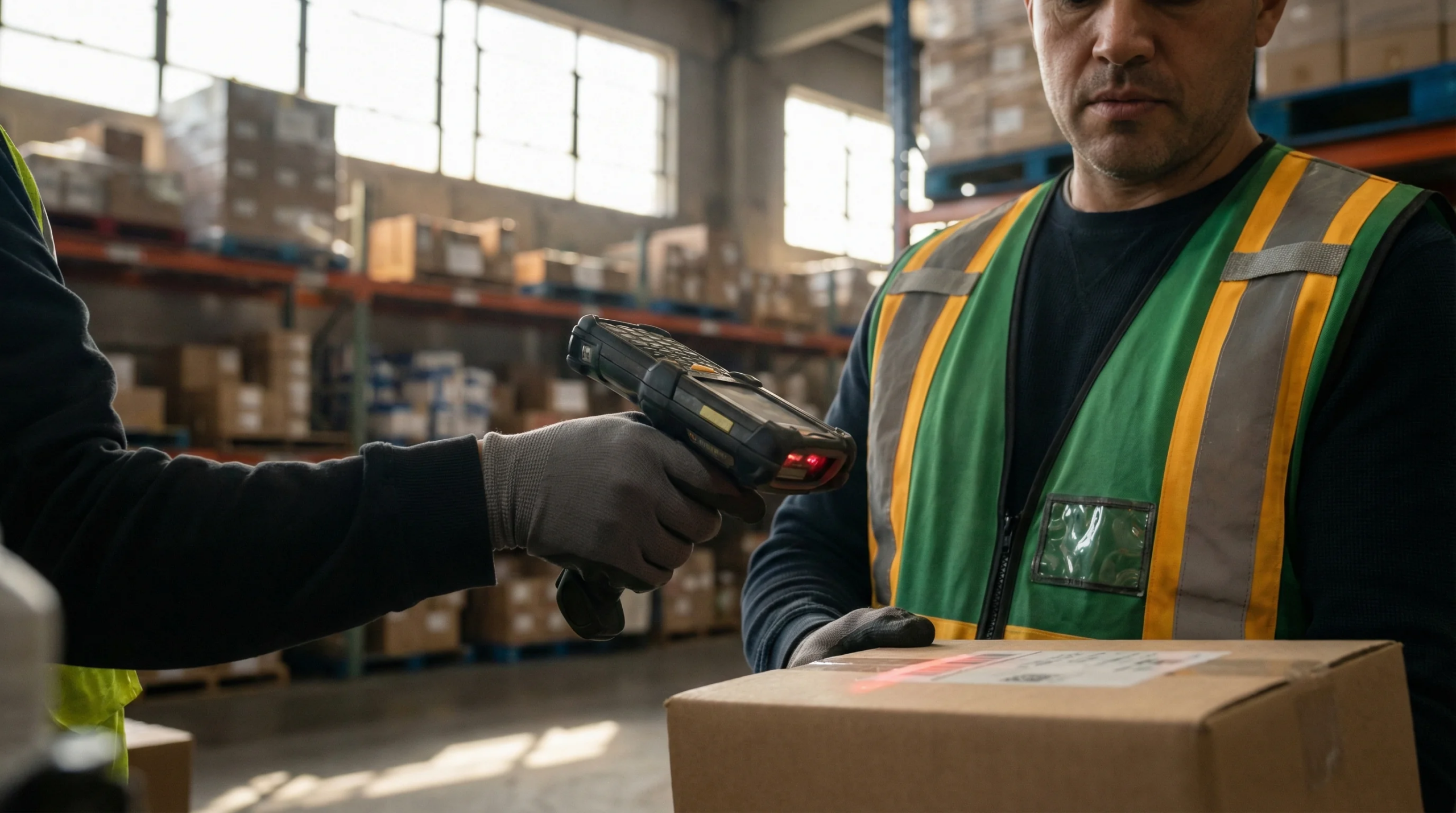 Warehouse worker scanning barcode on package