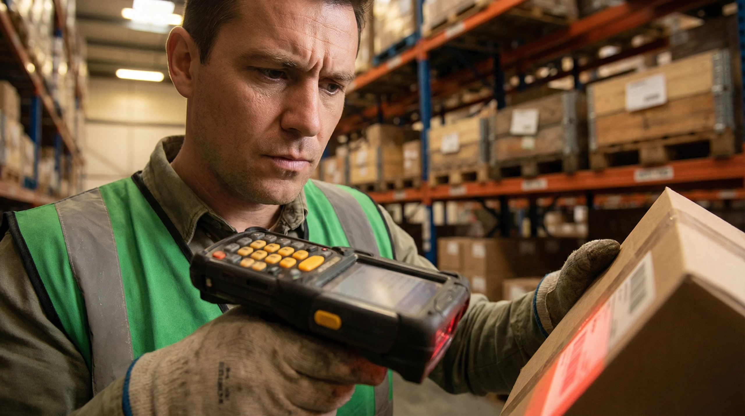 Warehouse worker scanning barcode on package