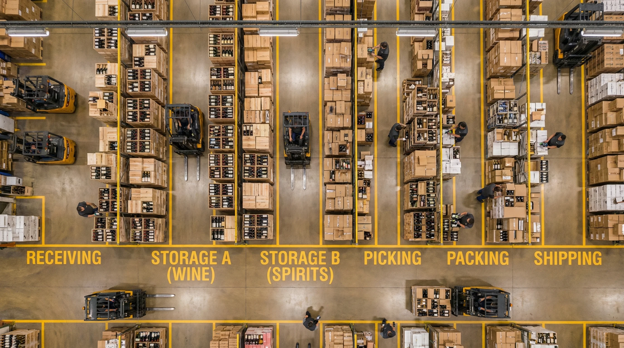 Aerial view of organized warehouse floor