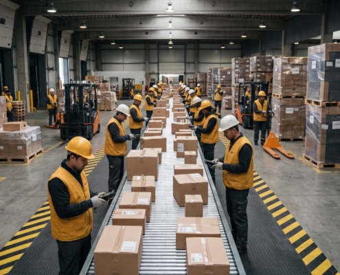 Warehouse workers scanning packages at dock