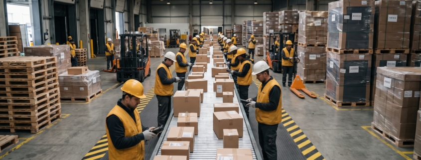 Warehouse workers scanning packages at dock