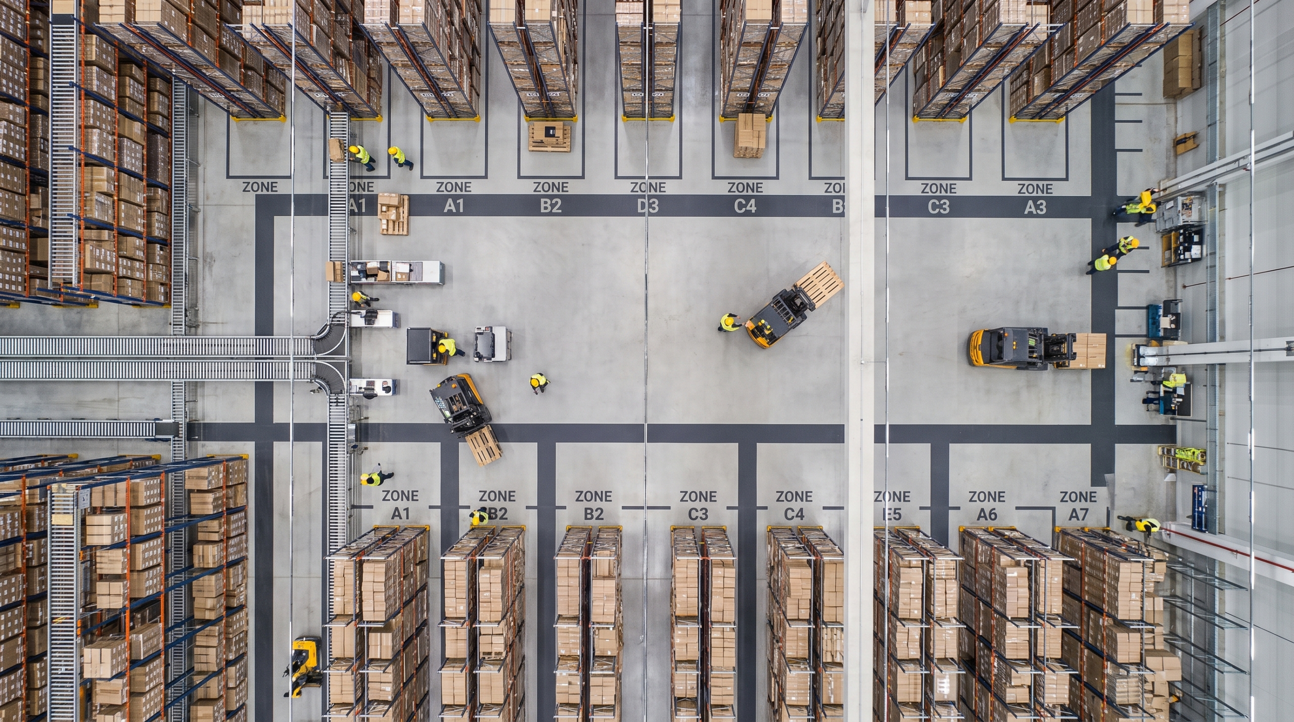 Aerial view of organized warehouse floor